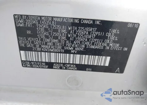 2010 Toyota Rav4 from USA, damaged, VIN 2T3BF4DV2AW080919